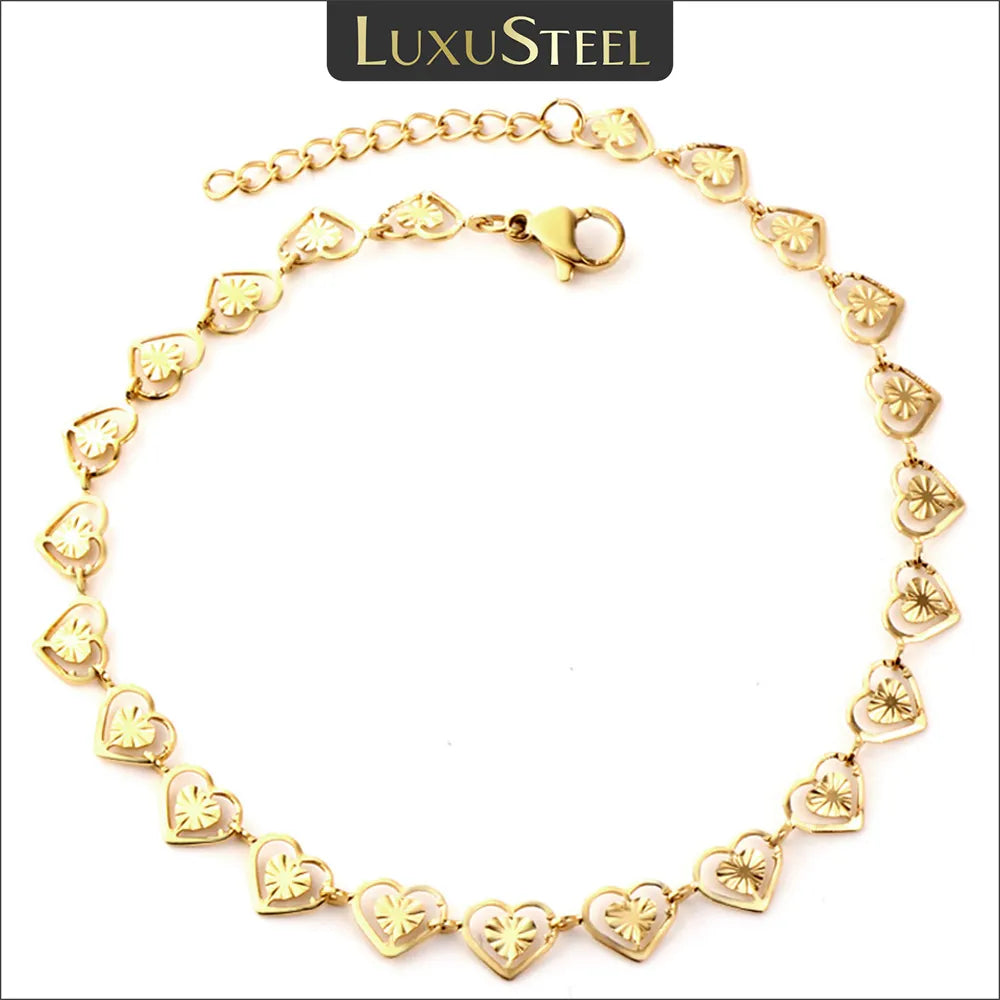 LUXUSTEEL Women’s Mini Heart Chain Anklet Gold Color Stainless Steel