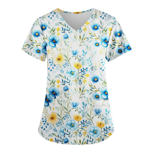 Floral Print Scrubs Tops Pet Grooming Uniforms Short Sleeve V Neck