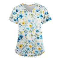 Thumbnail for Floral Print Scrubs Tops Pet Grooming Uniforms Short Sleeve V Neck