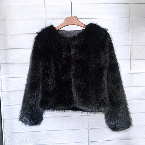 Winter Warm Fur Coat Women Elegant Turndown Collar Long Sleeve Short