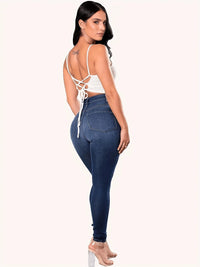 Thumbnail for Blue Ripped Holes Skinny Jeans, Distressed High Waist Slim Fit Slash