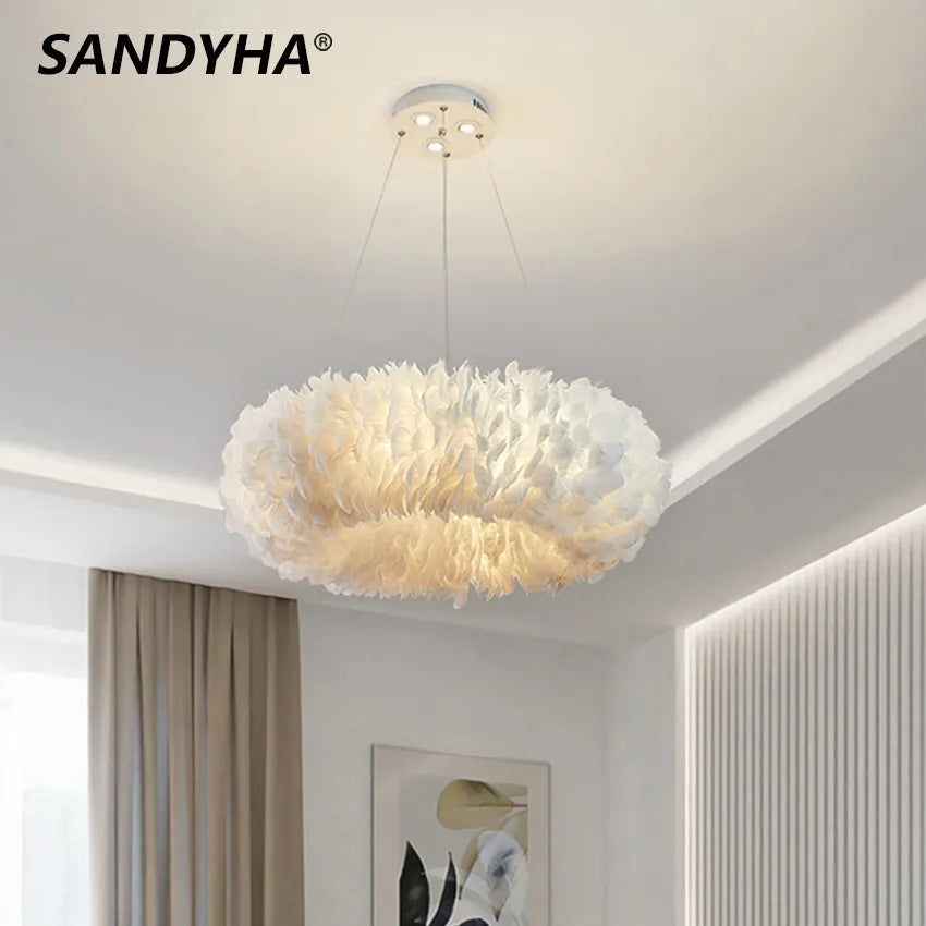 SANDYHA Nordic Luxury LED Chandelier Goose Feather Pendant Light