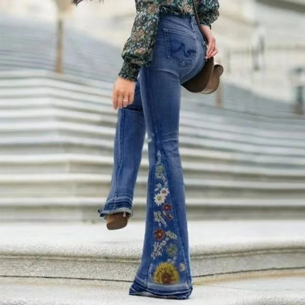 Stretch Embroidered Flared Jeans Women's Casual Fashion High Waist 90s