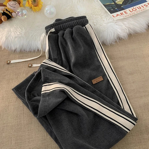 QWEEK Baggy Striped Corduroy Sweatpants Women Streetwear Sporty Casual