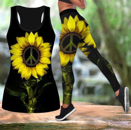 New Fashion Hippie Peace Sunflower Printed 2 Piece Sets Casual Sport