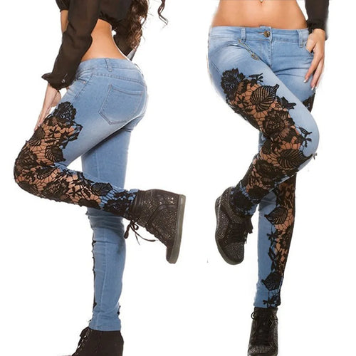 Streetwear Jeans Long Pants Denim Lace Hollow Out Floral Appliques