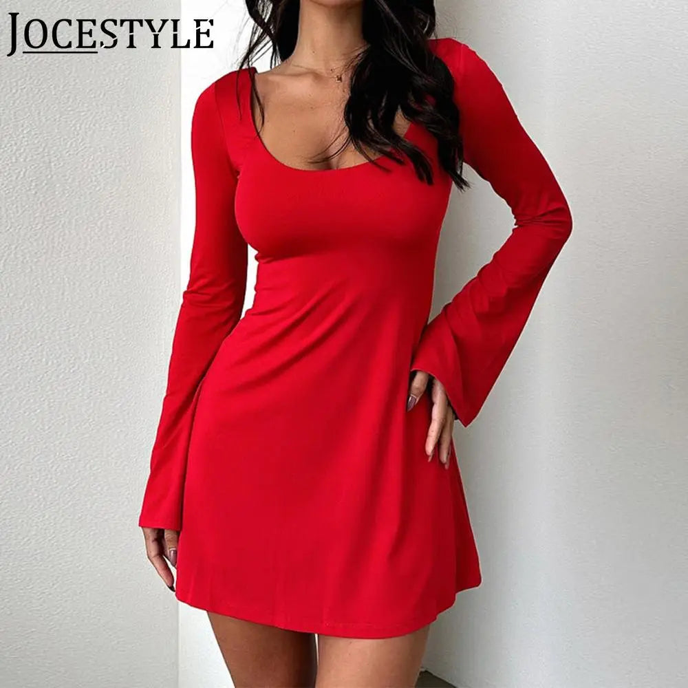 Women Round Neck Dress Skinny Sexy Bodyon Dress Solid Color Bell