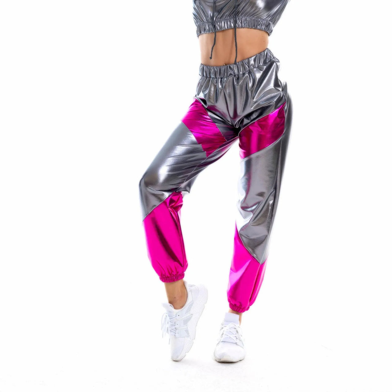 Women High Waist Metallic Shiny Jogger Streetwear Hip Hop Trousers