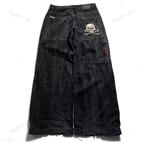 2024 High Street Embroidered New Skull Jeans Y2K Washed Gothic High