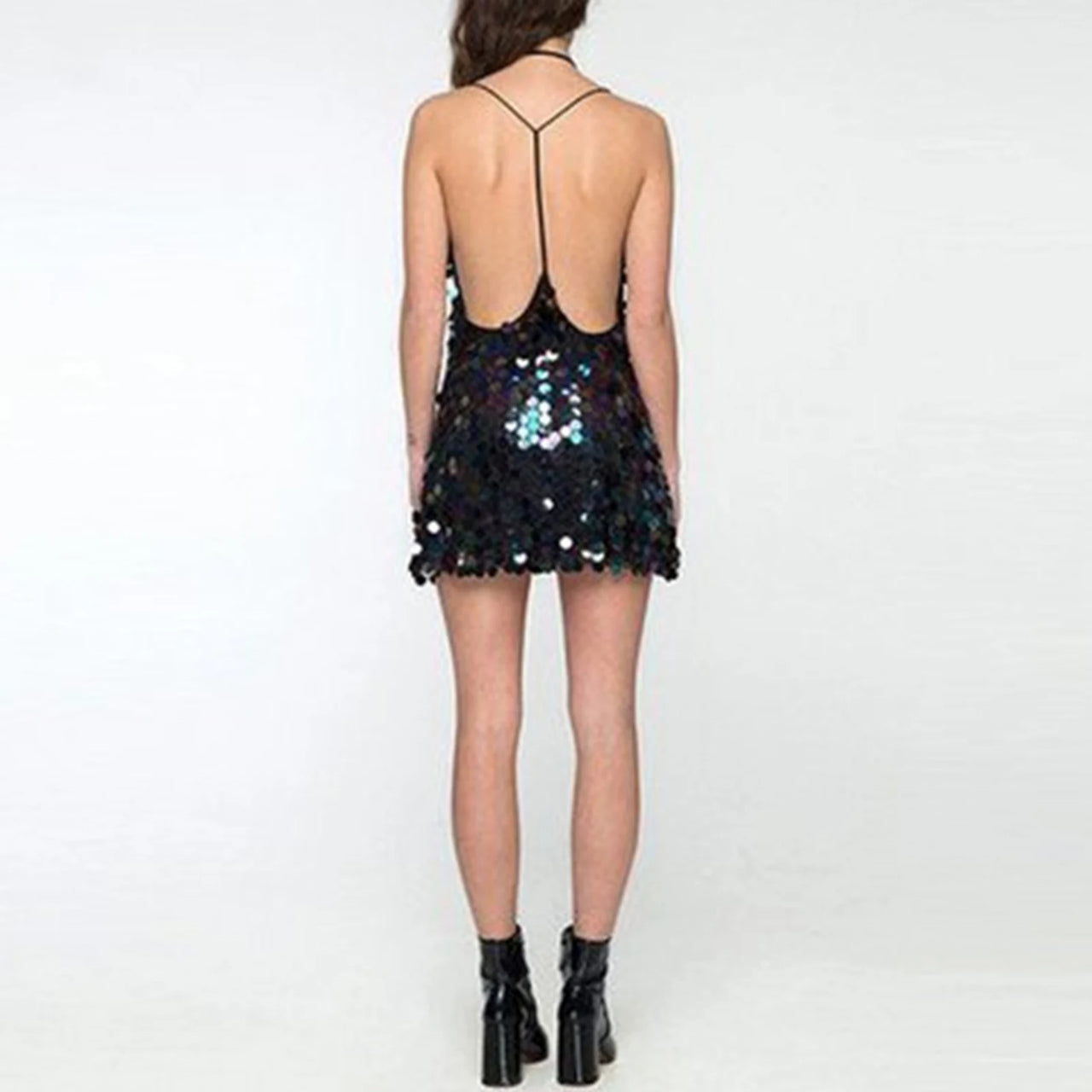 Women Evening Party Dress Backless Glitter Sequins Disco Dance Dress