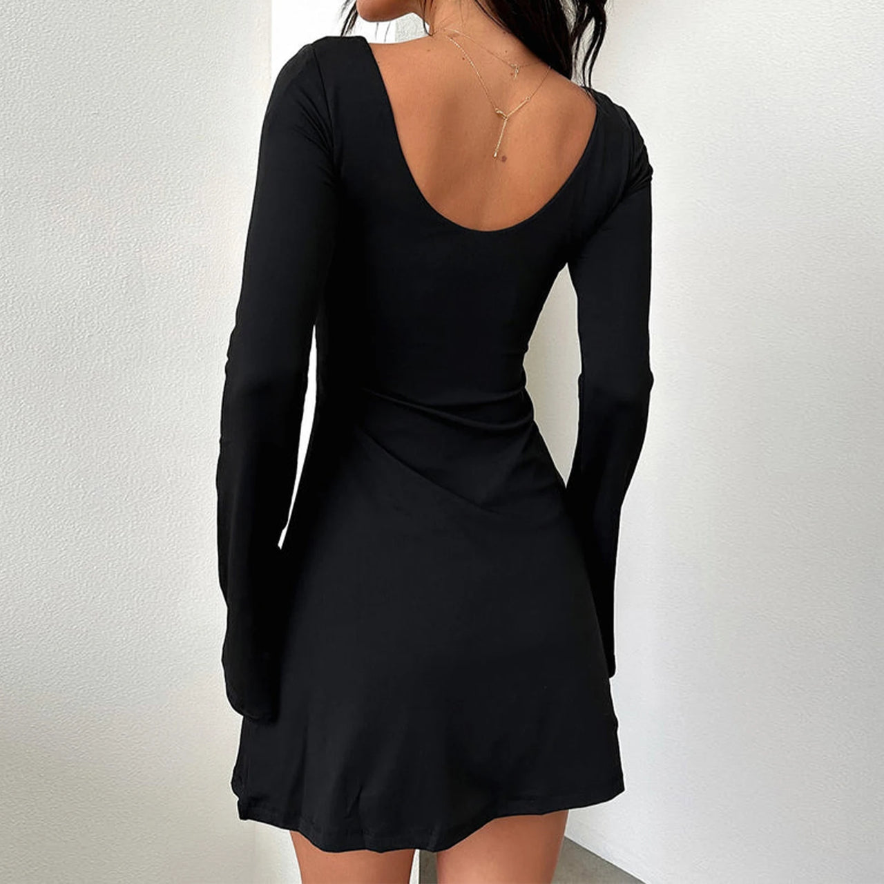 Women Round Neck Dress Skinny Sexy Bodyon Dress Solid Color Bell