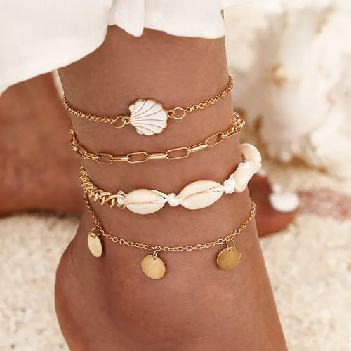 Summer Beach Crushed Stone Chain Anklet Set For Women Boho Shell Charm