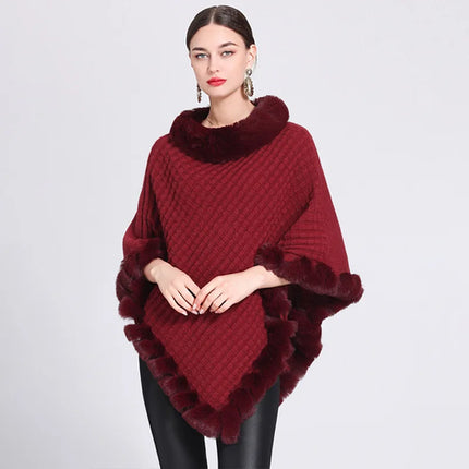 Fashion Plaid Stripes Faux Fur Pullover Cape Coat Women Autumn Winter