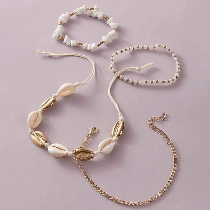 Summer Beach Crushed Stone Chain Anklet Set For Women Boho Shell Charm