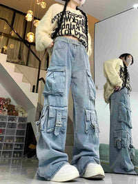 Thumbnail for 2023 Cyber Y2K Streetwear Washed Blue Baggy Cargo Jeans Pants For