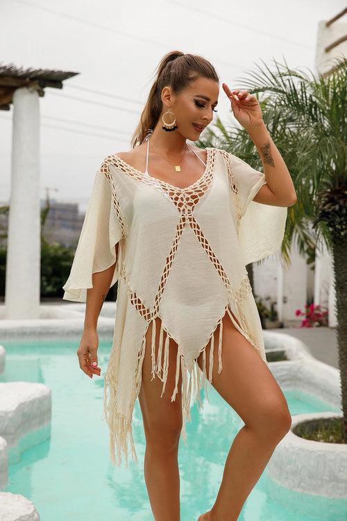 CROCHET-Backless Beach Dress with Tassels for Women, Sexy V-neck