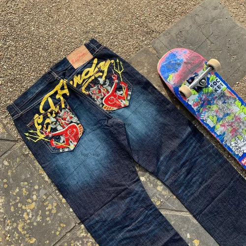 Streetwear Jeans Y2K Hip Hop Graphic Print Retro Blue Baggy Jeans