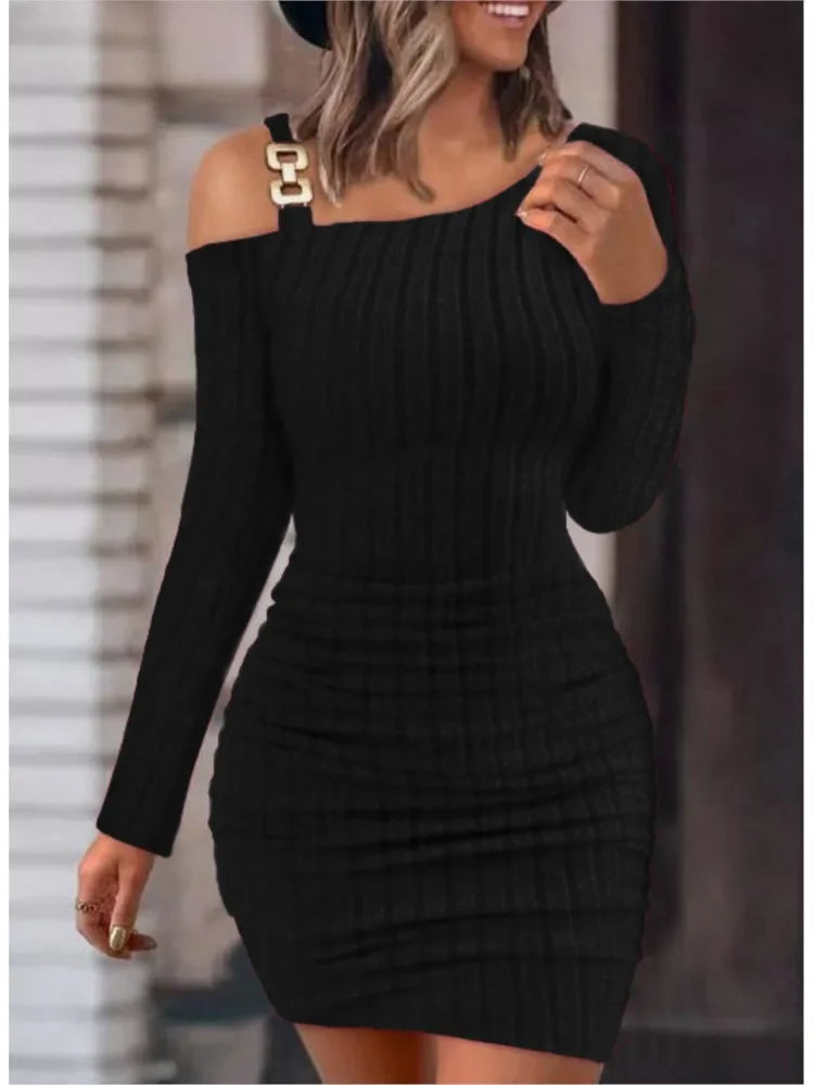 Sexy Chain Off Shoulder Mini Dress Women Autumn Fashion Bodycon Long