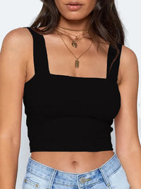 Thumbnail for Square Neck Sleeveless Summer Crop Top White Women Black Casual Basic