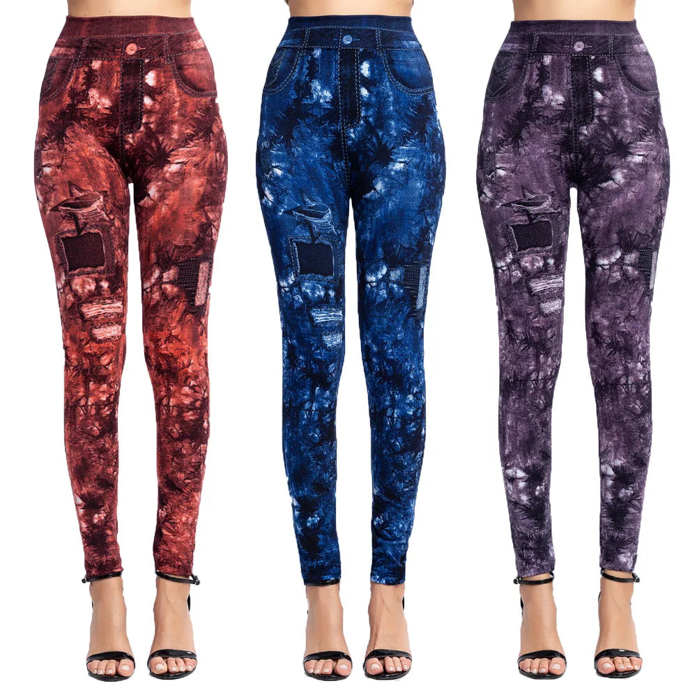 Women Leggings Faux Denim Jeans Pants With Pocket Slim Leggings Leaf