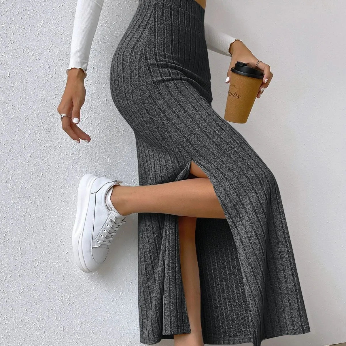 Spring Autumn Casual Women High Waist Skirt Sexy Knitted Side Slit