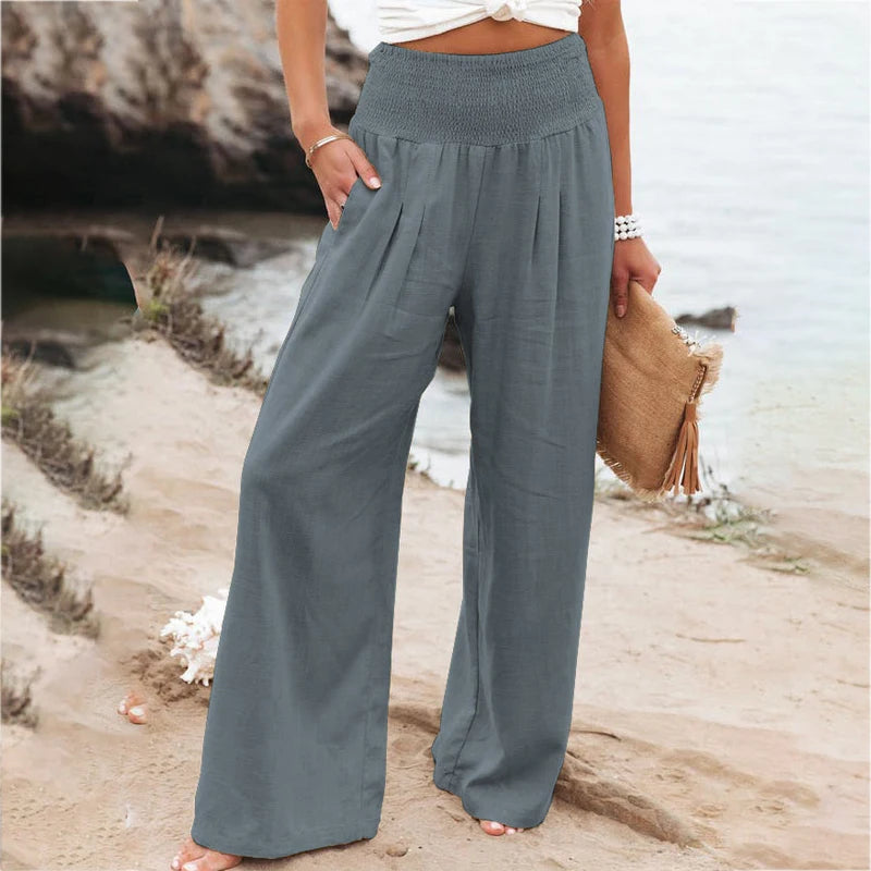 Women's Wide Leg Pants Summer Solid Loose Casual Vintage Cotton Linen