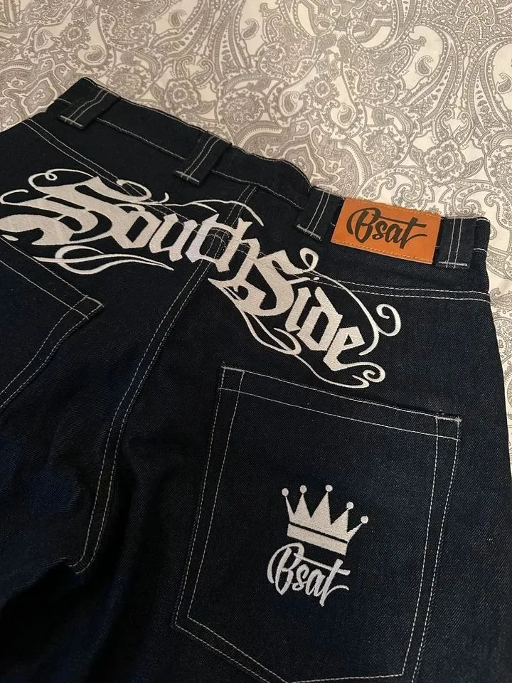 Y2k Street Casual Hip Hop Punk Crown Fashion Print Baggy Blue Jeans