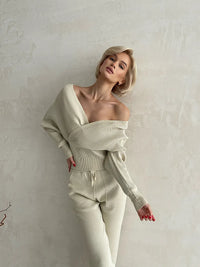 Thumbnail for Sexy Off Shoulder Knitted Two Piece Set Women Long Sleeve Sport