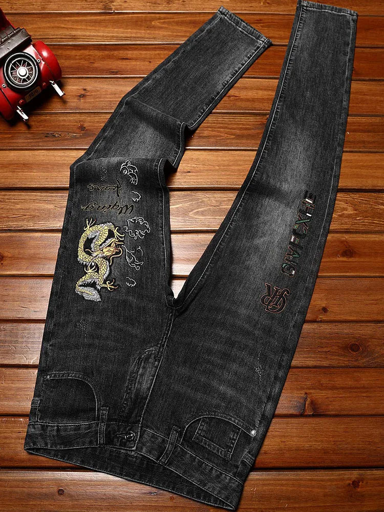 Chinese Dragon Embroidered Printed Jeans Men's Slim Fit Skinny Stretch