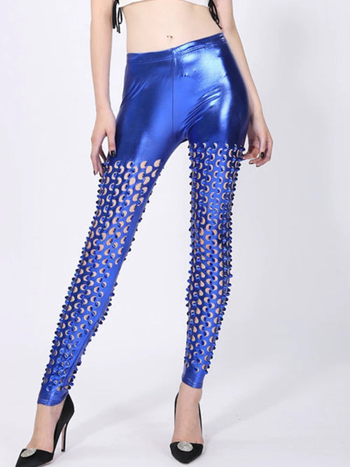 Hollow Sexy Clubwear Trousers Shiny Leggings Women Pants Stretch Body