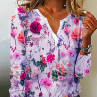 Thumbnail for Spring and Autumn Women's Pullover V-Neck Plant&Flowers Printed Long