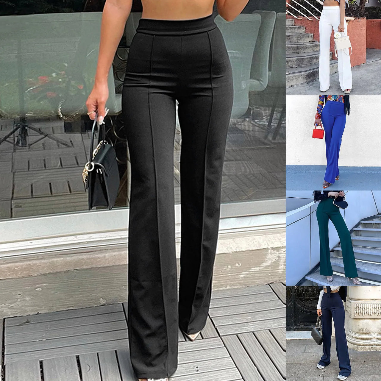 Women Trousers Fashion Casual Work Pants Solid Color Stretch High