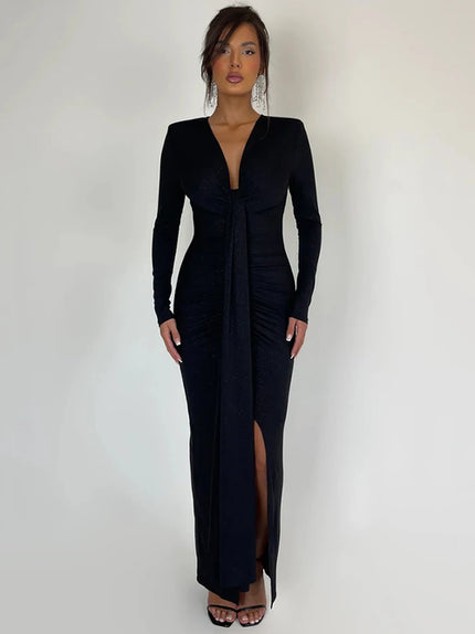 Mozision Sparkle Maxi Dress For Women Fashion Deep V Neck Long Sleeve