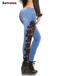 Thumbnail for Eotvotee Lace Spliced Hollow Out Blue Jeans for Women 2023 New Fashion