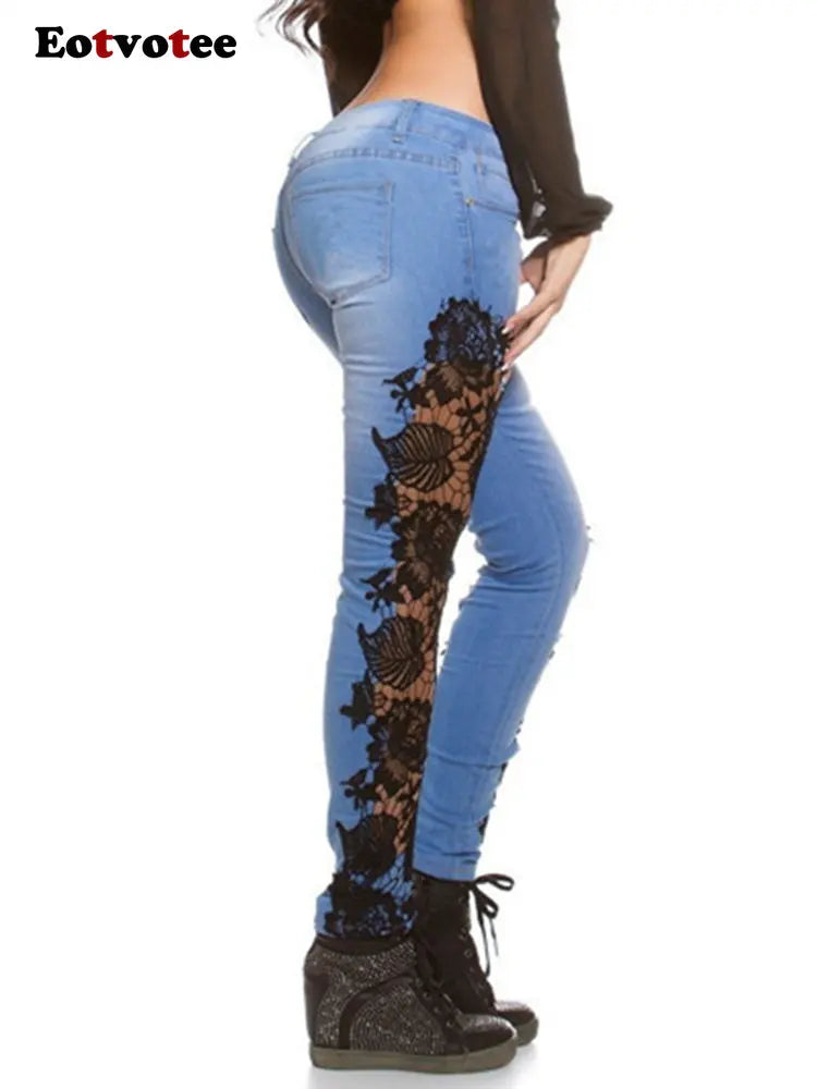 Eotvotee Lace Spliced Hollow Out Blue Jeans for Women 2023 New Fashion