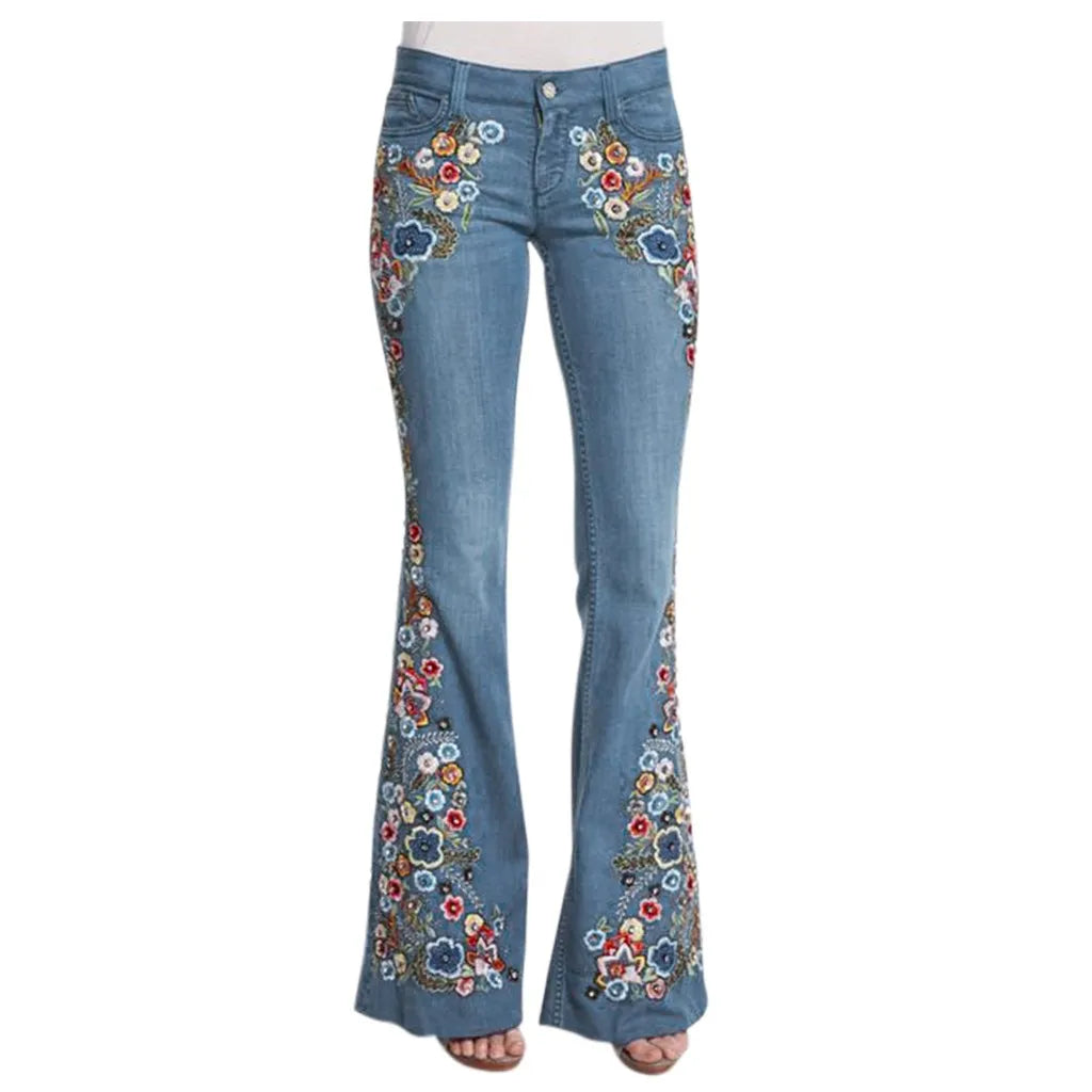 Size S-4XL Elastic Flower Embroidered Flare Jeans Womens Retro Style