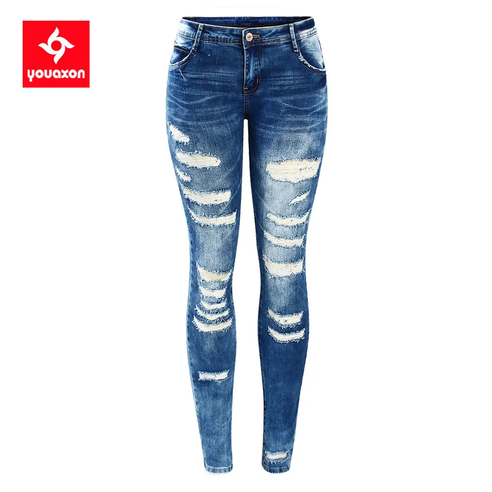 2045 Youaxon Women`s Fashion Blue Low Rise Skinny Distressed Washed