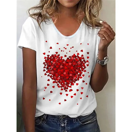 2024 Summer New Retro Women's T-shirt Red Heart Fashion 3D Printing