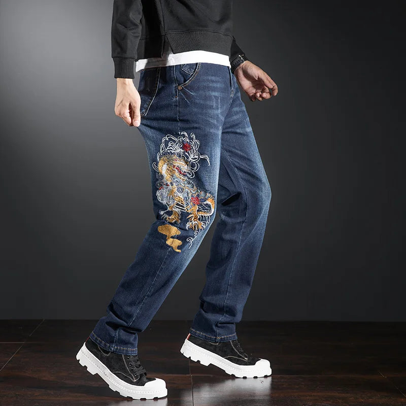 Elastic Embroidered Jeans Men's Frayed Baggy Straight Denim Pants Plus