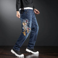 Thumbnail for Elastic Embroidered Jeans Men's Frayed Baggy Straight Denim Pants Plus