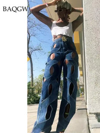 Thumbnail for Fashion Hollow Out Cross Design Straight Flare Denim Pants Summer 2023