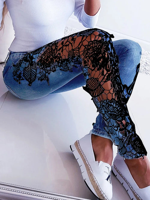 Eotvotee Lace Spliced Hollow Out Blue Jeans for Women 2023 New Fashion