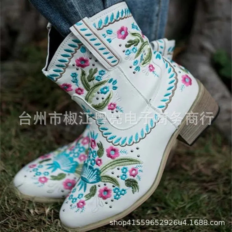 Flower Embriodery Cow Boy Boots for Women Ankle Shoes Thick Heel Short