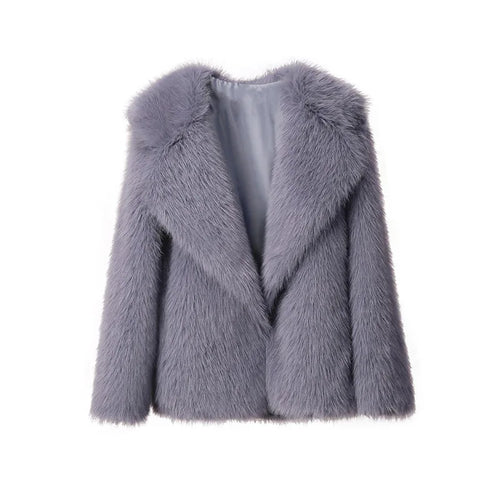 Winter Warm Fur Coat Women Elegant Turndown Collar Long Sleeve Short