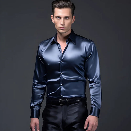 Men's Satin Luxury Dress Shirts Fashion Silk Smooth Male Tuxedo Shirt