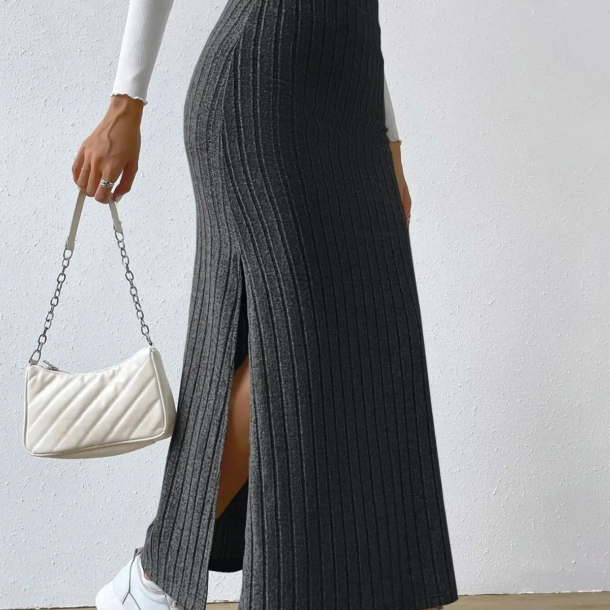 Spring Autumn Casual Women High Waist Skirt Sexy Knitted Side Slit