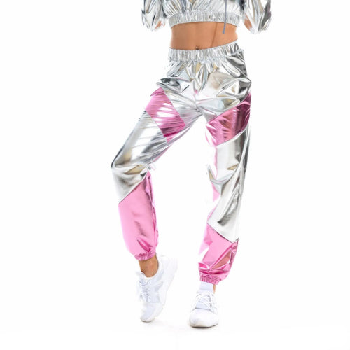 Women High Waist Metallic Shiny Jogger Streetwear Hip Hop Trousers