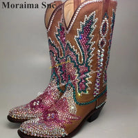 Thumbnail for Western Mid Calf Bling Cystal Cowboy Boots Thick Heel Shoes For Women