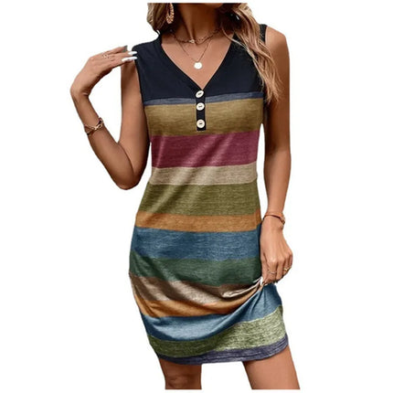 Women's Summer Sleeveless Dress Fashion Casual Striped Printed Mini