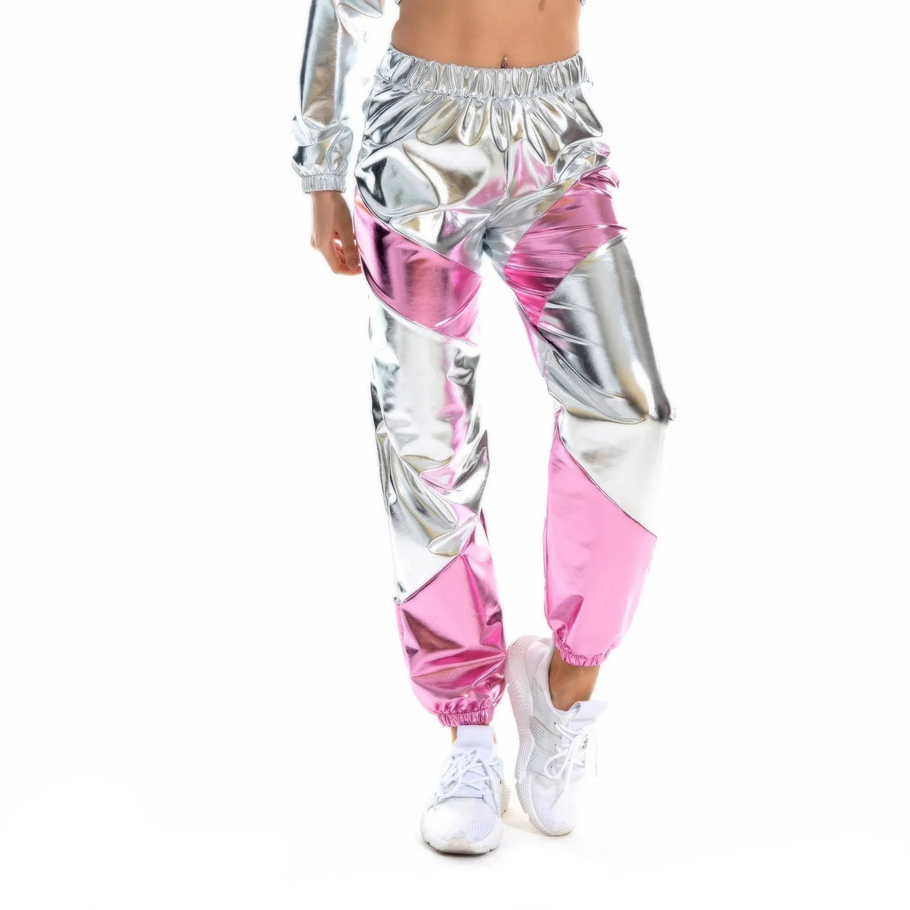 Women High Waist Metallic Shiny Jogger Streetwear Hip Hop Trousers